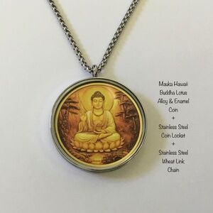 Buddha Lotus Alloy & Enamel Coin + Stainless Glass Coin Locket + Stainless Chain